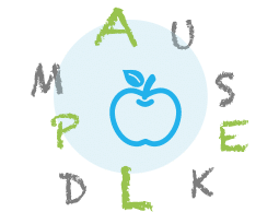 An illustration of an apple with letters around it.